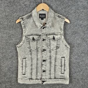 RUDE Acid Wash Grey/Black Denim Vest - Grunge Punk Biker Style Size Small